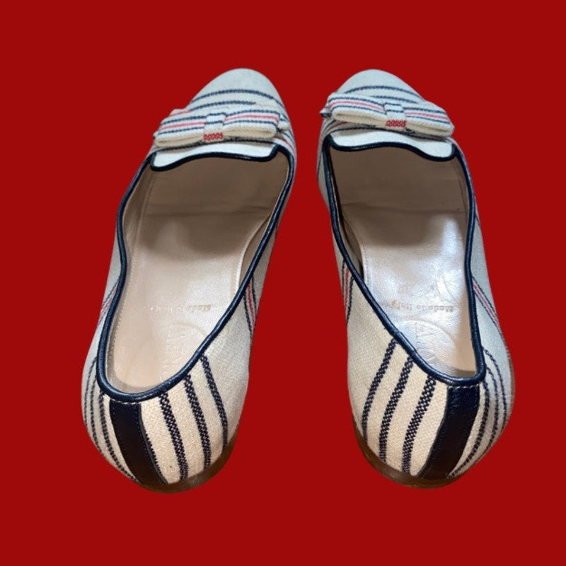 J. Crew White Blue & Red Woven Bow Detail Striped Canvas Leather Loafers (8)