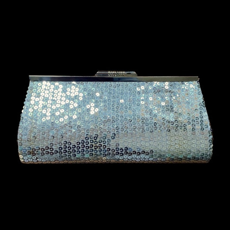 Y2K Silver Disco Sequined Clutch/ Frame Bag with Silver Chain Strap
