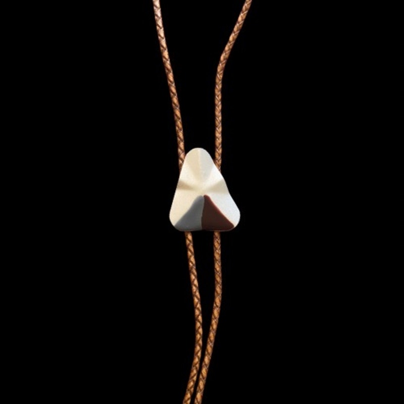 Abstract Cream/Grey/Dark Purple Triangle Camel Brown Leather Cord Bolo Tie