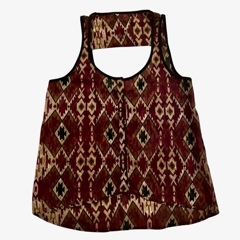 Sleeveless Sheer Black/ Burgundy Red/Cream Geometric Print Button Down Blouse (S)