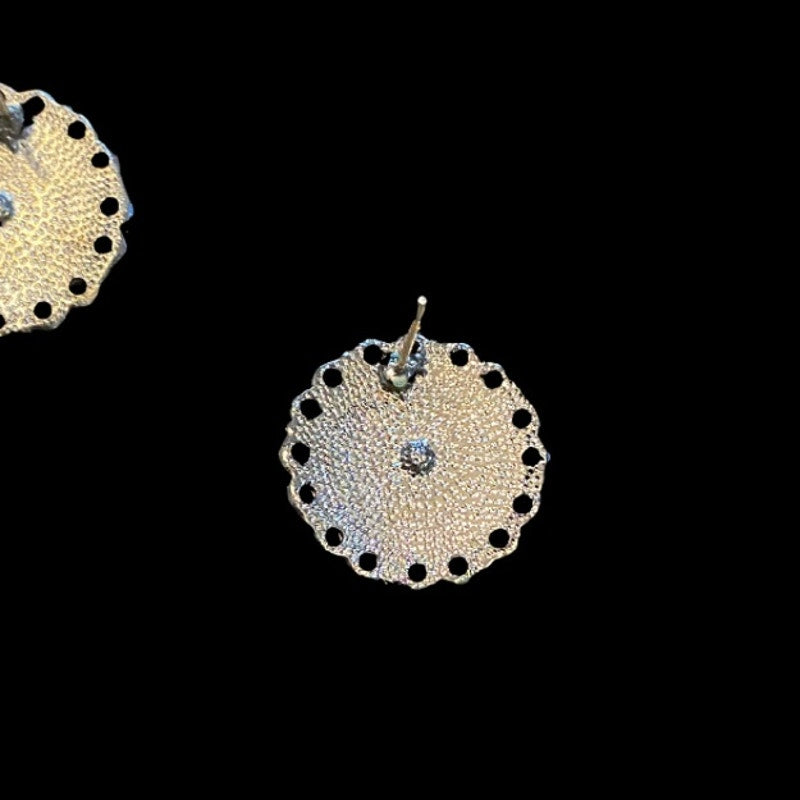 Antique Recreation Goldenrod Cannetille Pewter Round Flower Stud Earrings