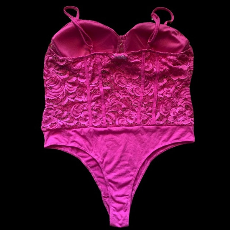 Hot Pink Lace Spaghetti Strap Bustier Bodysuit (XL)