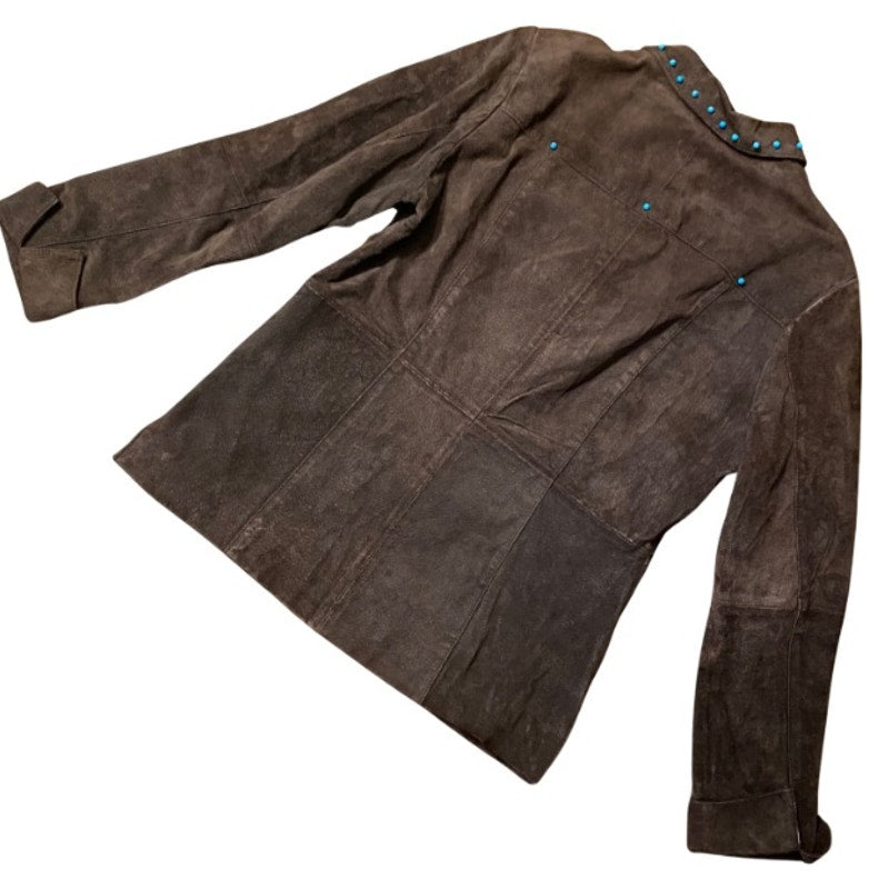 Upcycled Vintage Turquoise Bead Studded Chocolate Brown Suede Genuine Leather Jacket (S)