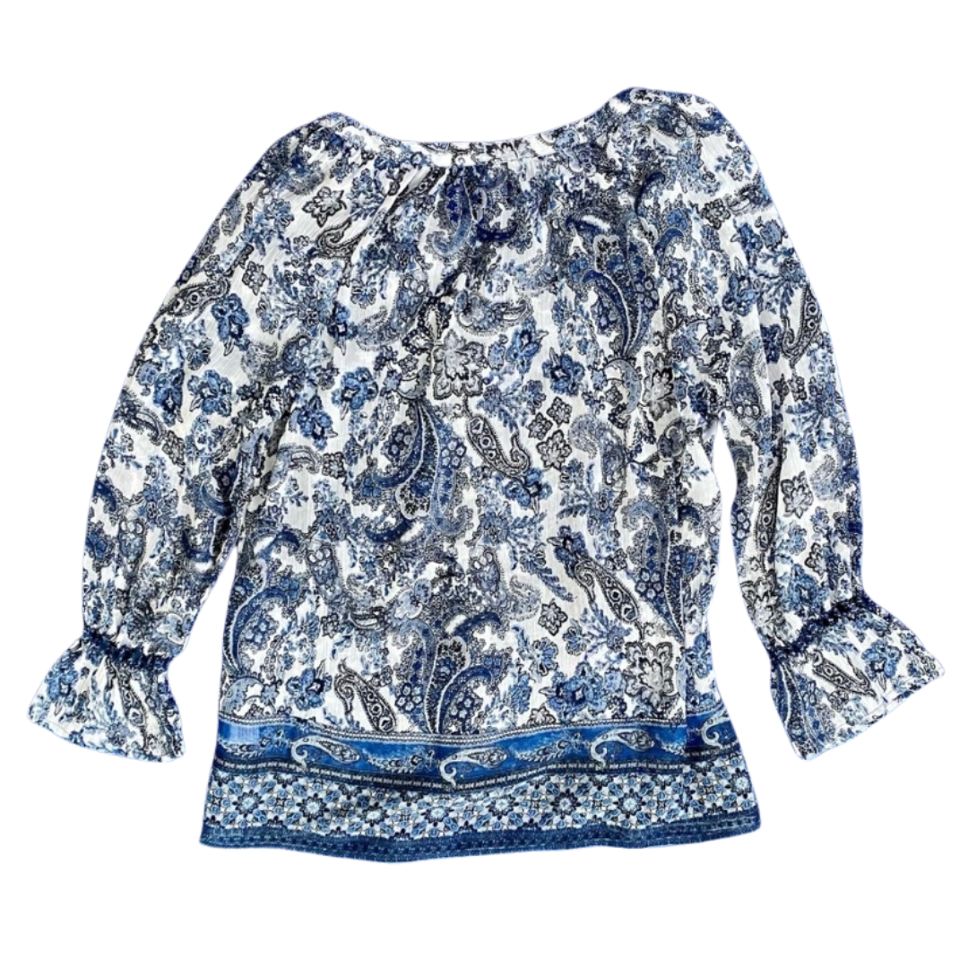 Sheer Blue and White Paisley Print Peasant Blouse (M)