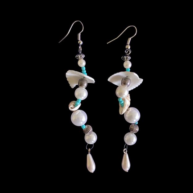 Aquata | White/ Multi Shell Mock Pearl & Turquoise Beaded Dangle Earrings