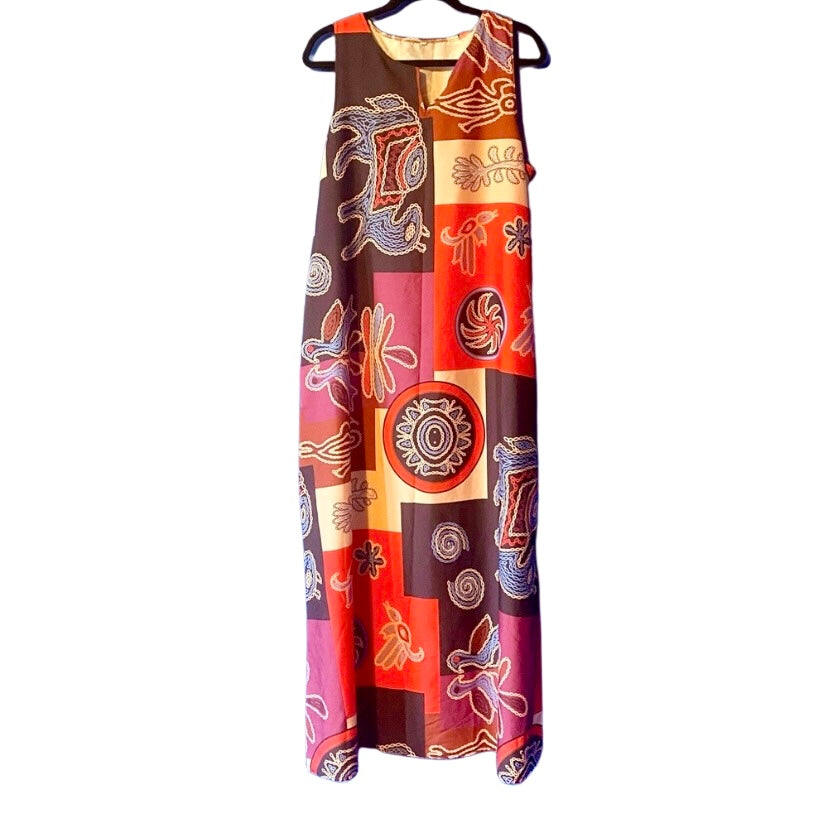 Hot Pink & Blue Patchwork Folk Art Sleeveless Maxi-Dress (XL)
