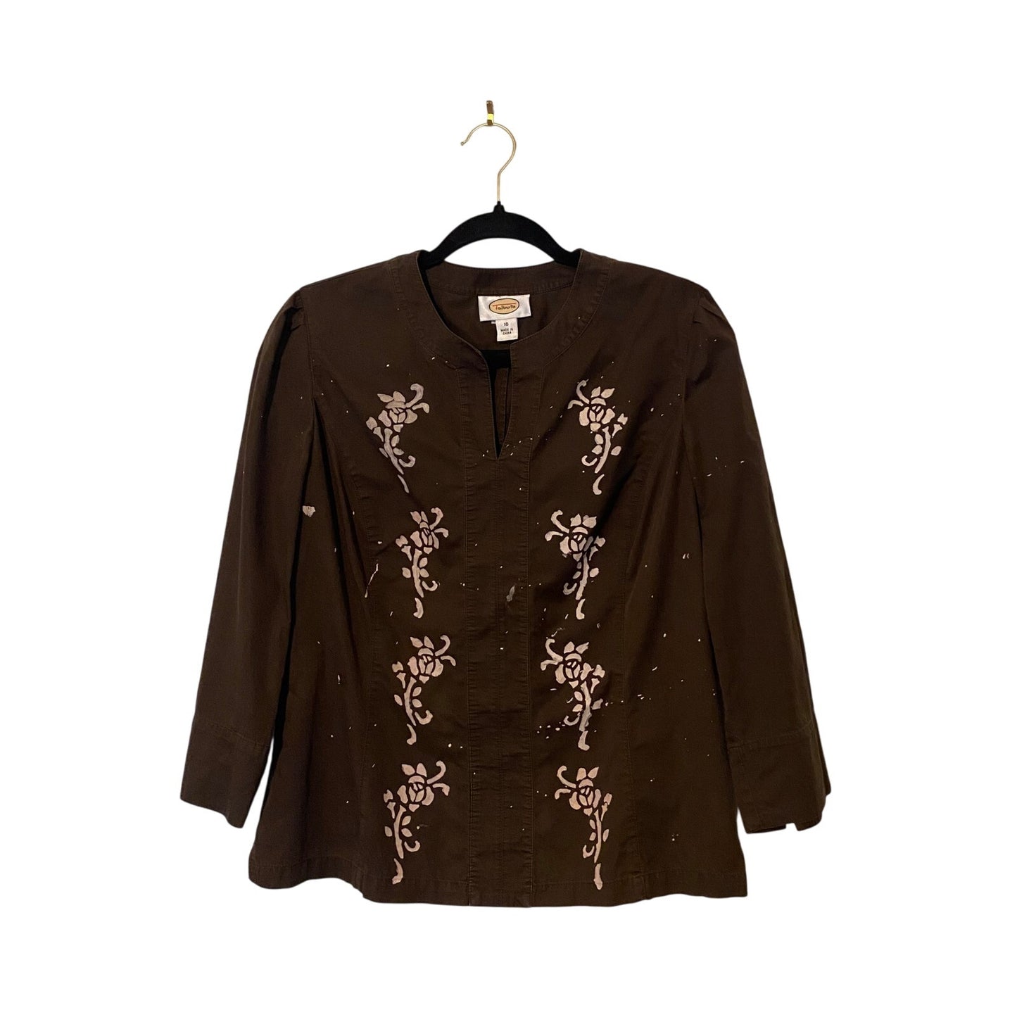 Painted Roses Upcycled Vintage Chocolate Brown Cotton 3/4 Sleeve Top (Medium)