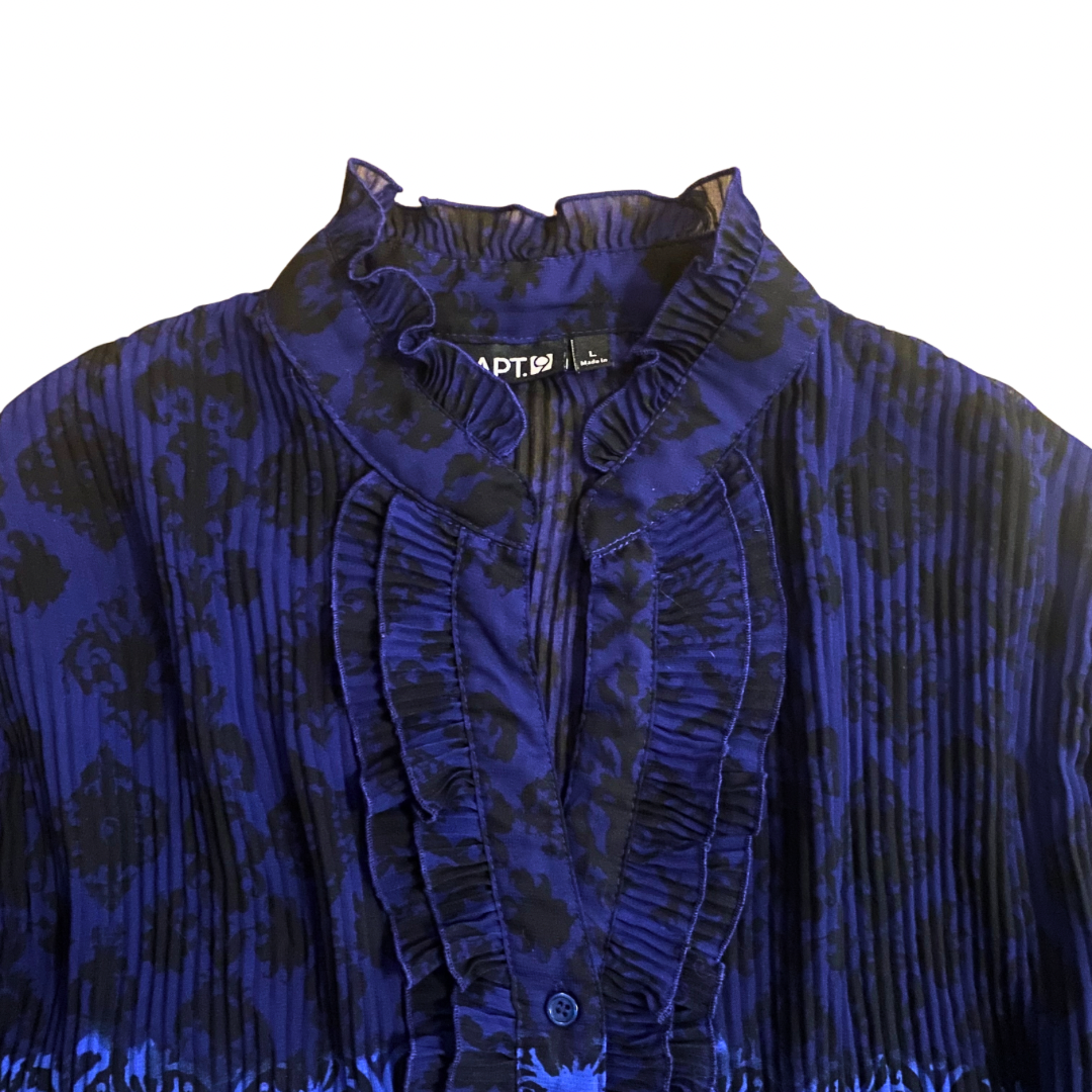 Sheer Ombré Royal Blue & Black Floral Damask Print Ruffled Bell Sleeve Button-Down Blouse (L)