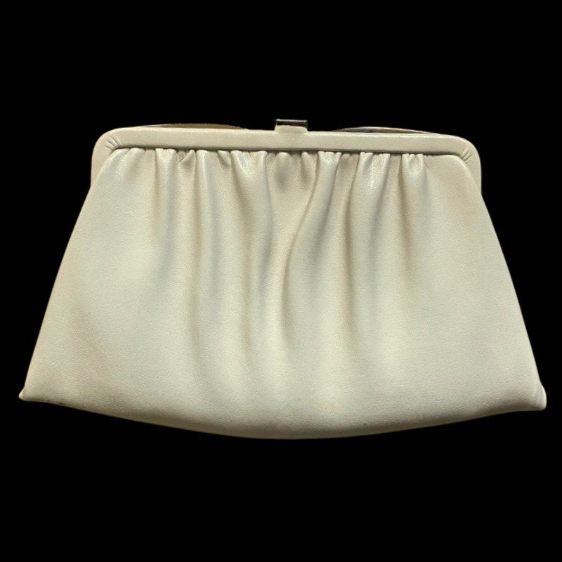 Vintage Beige Faux Leather Frame Clutch with Silver Chain Handle