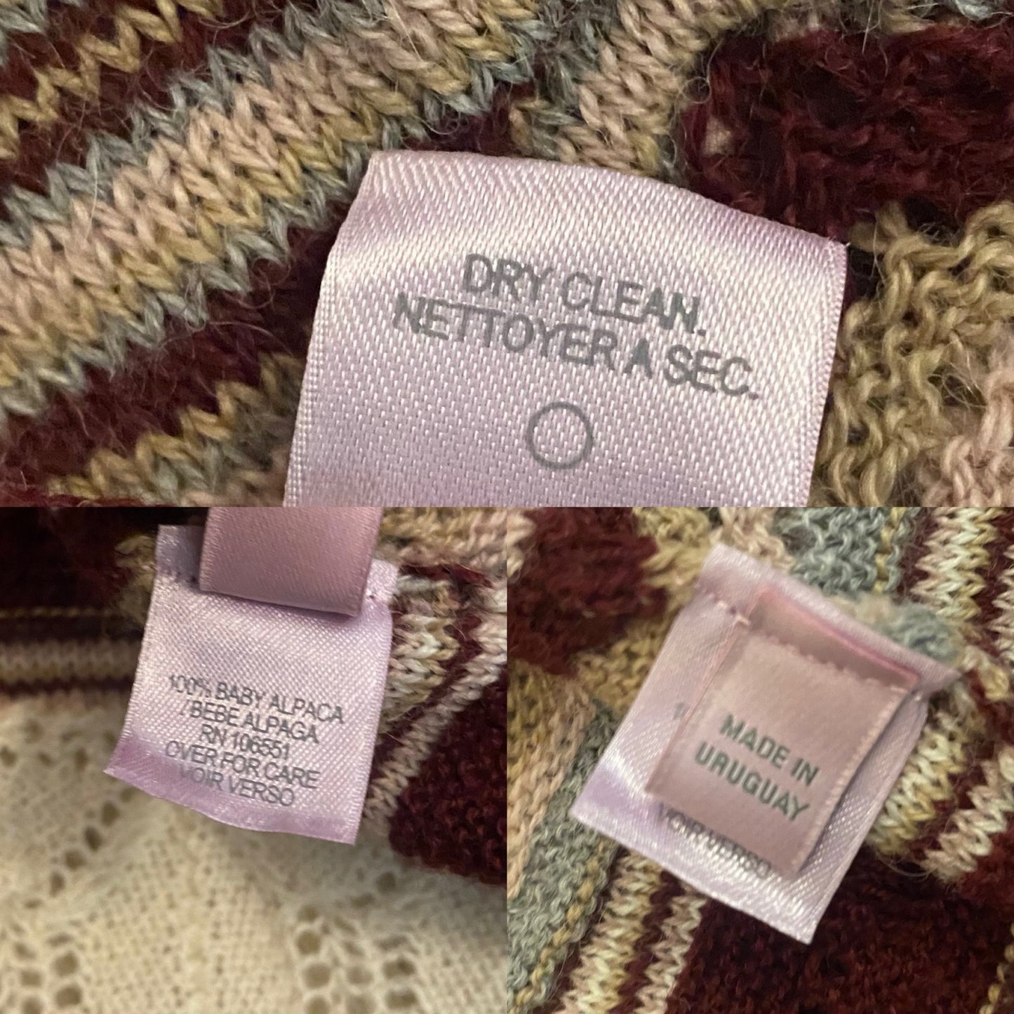 NWT V-Neck Pink/ Burgundy/ Cream/ Striped Baby Alpaca Wool Knit Ruffle Hem Dress (L)