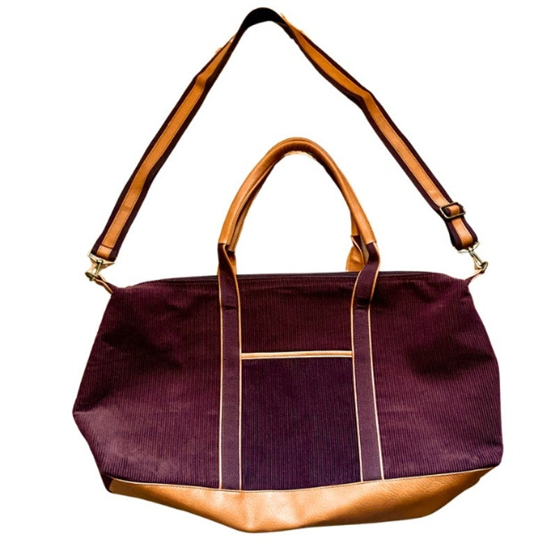 Large Maroon Corduroy Tan Faux Leather Weekender Bag with Adjustable Shoulder Strap