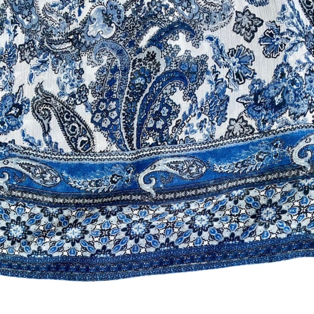 Sheer Blue and White Paisley Print Peasant Blouse (M)