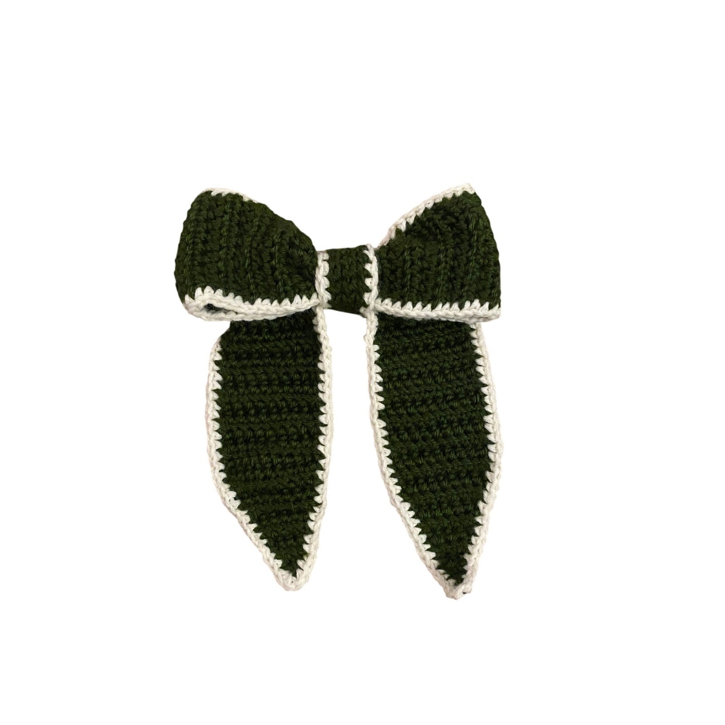 Forest Green Crochet Bow with Cream Trim - Handmade Accessory with Removable Clip