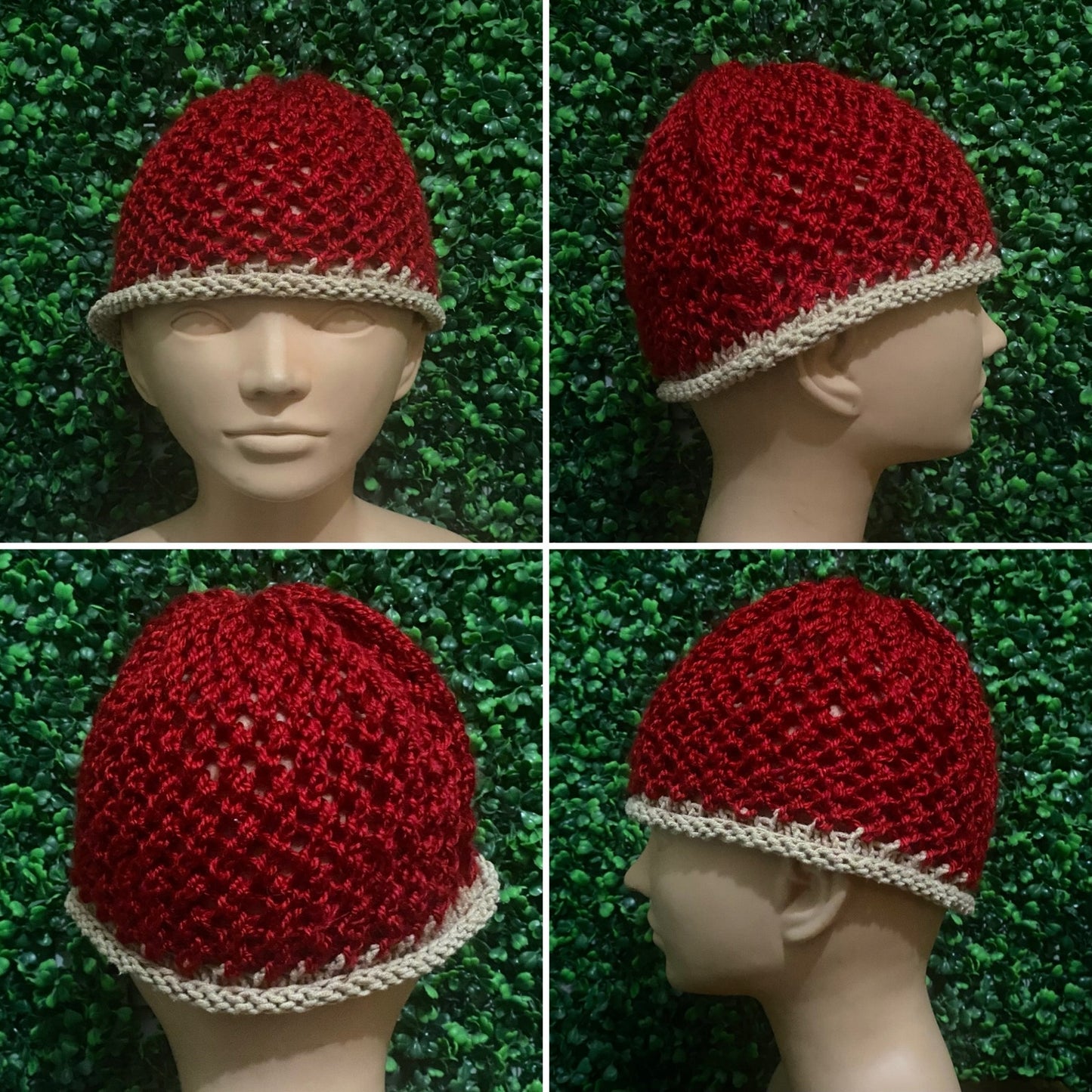 Cherry Red/ Tan Knit Mesh Skull Cap/ Beanie (M/L)