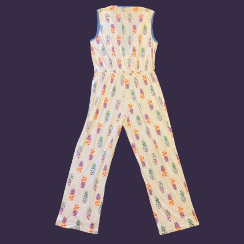 Y2K White/Multicolor Pineapple Print Sleeveless Jumpsuit Pajamas (M)