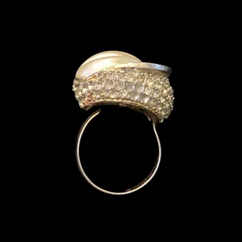 Vintage Faux Pearl Gold Toned Rhinestone Studded Cocktail Ring (9.5, Adjustable)