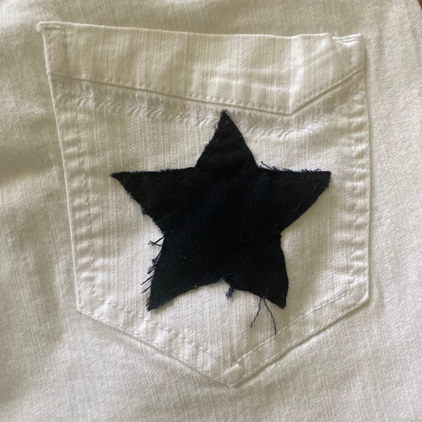 Upcycled White Denim Star Patch Fringe Hem Capris (8)