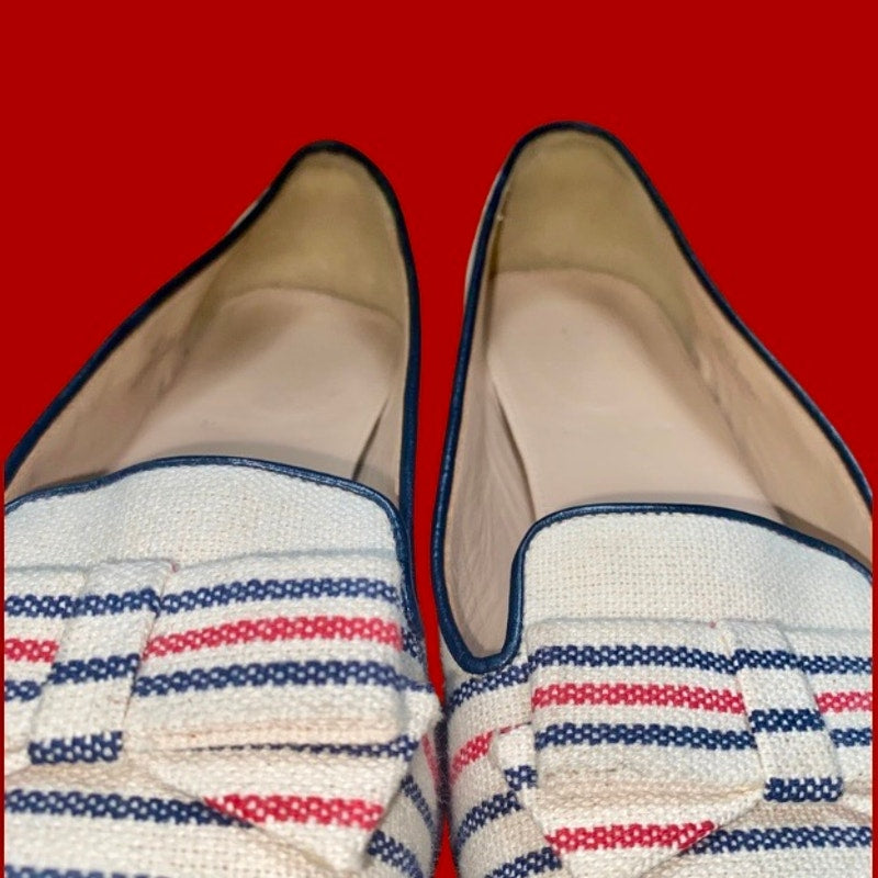 J. Crew White Blue & Red Woven Bow Detail Striped Canvas Leather Loafers (8)