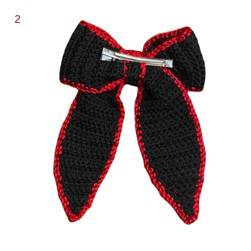 Black Crochet Bow with Red Trim - Handmade Accessory with Removable Clip
