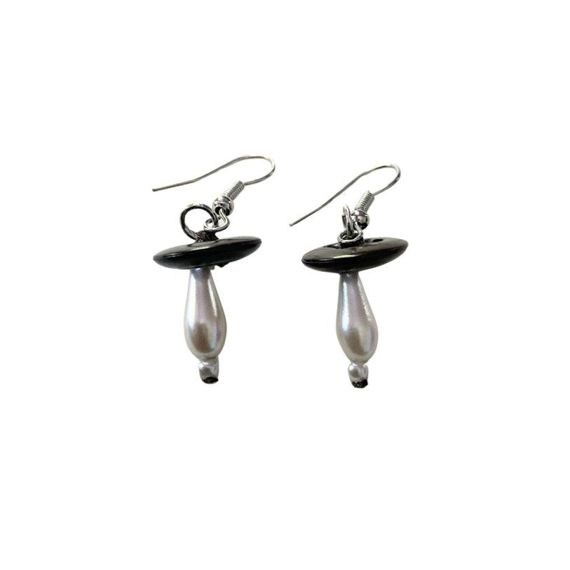 Dark Brown Vintage Pearl Bead & Button Mushroom Earrings (Silver)