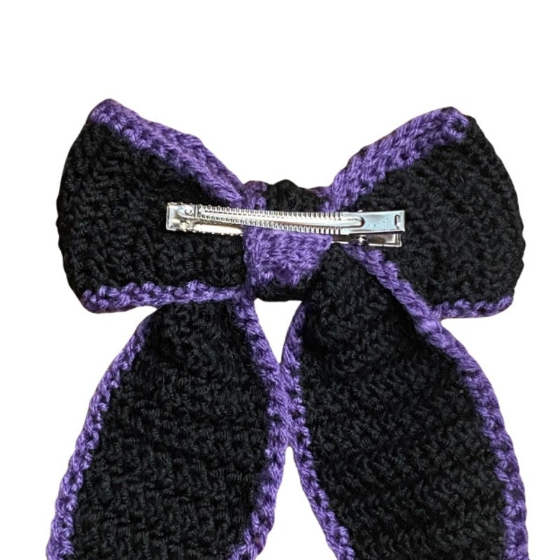 Black Crochet Bow with Purple Trim - Handmade Accessory with Removable Clip