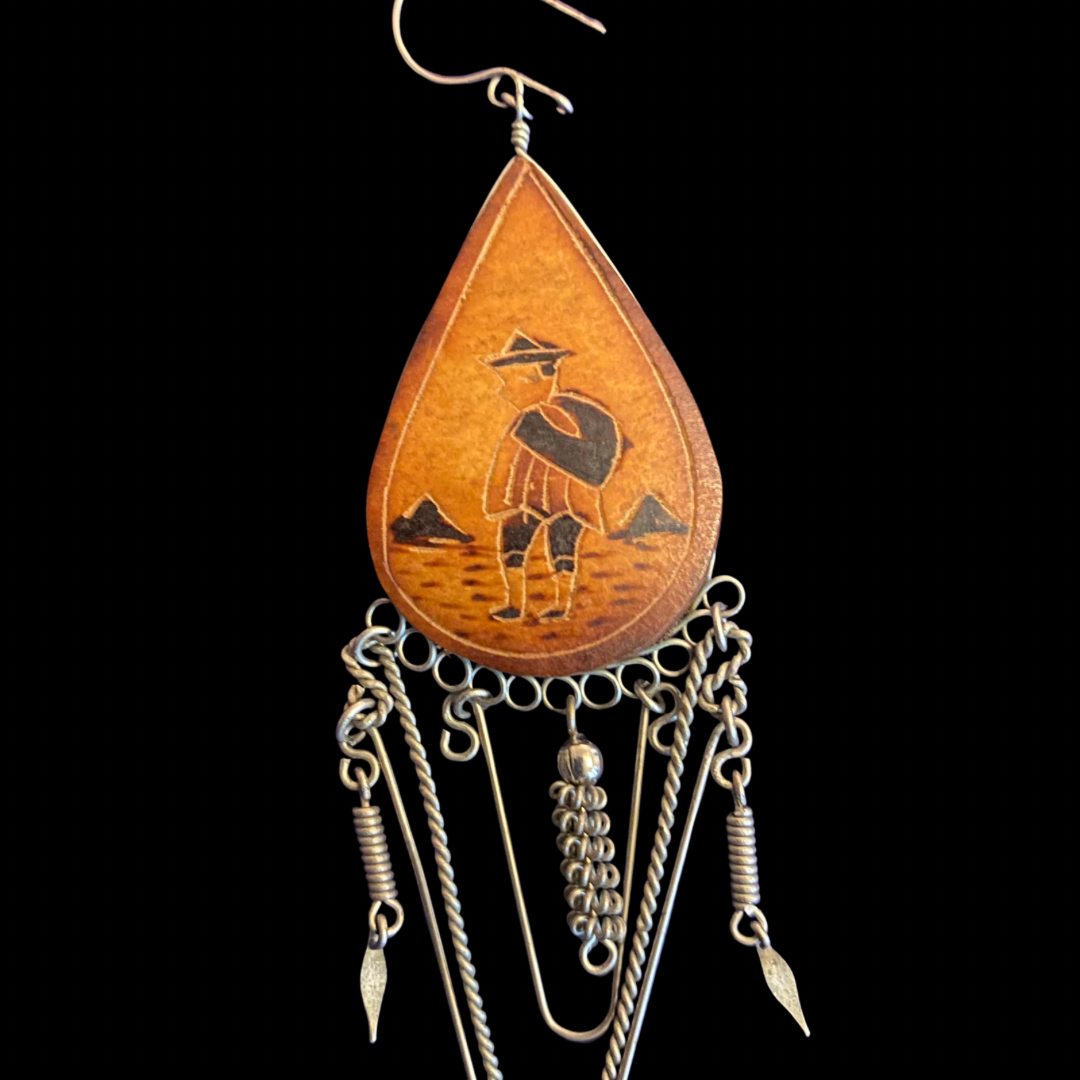 Vintage Wood & Metal Traveler Drop Earrings