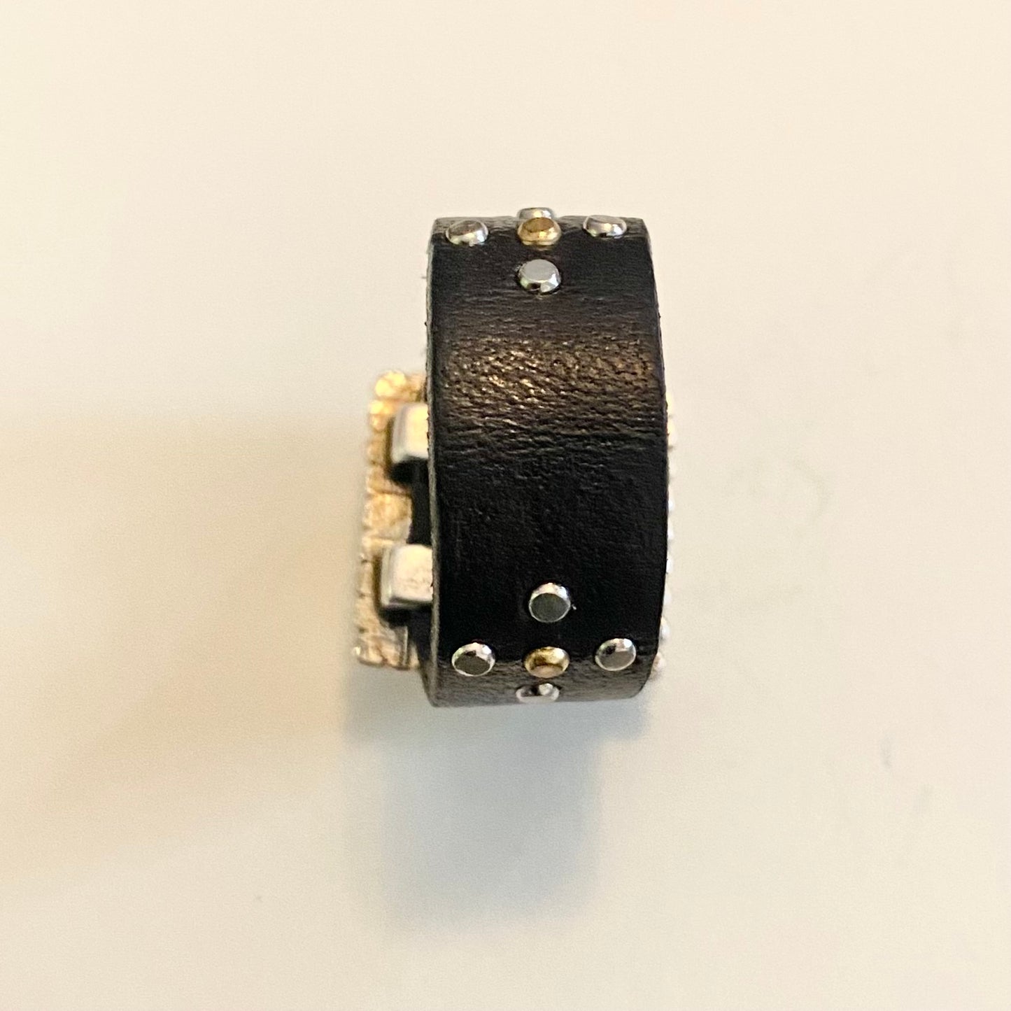80's Mother of Pearl Square Signet Ring with Studded Leather Band (4.5)