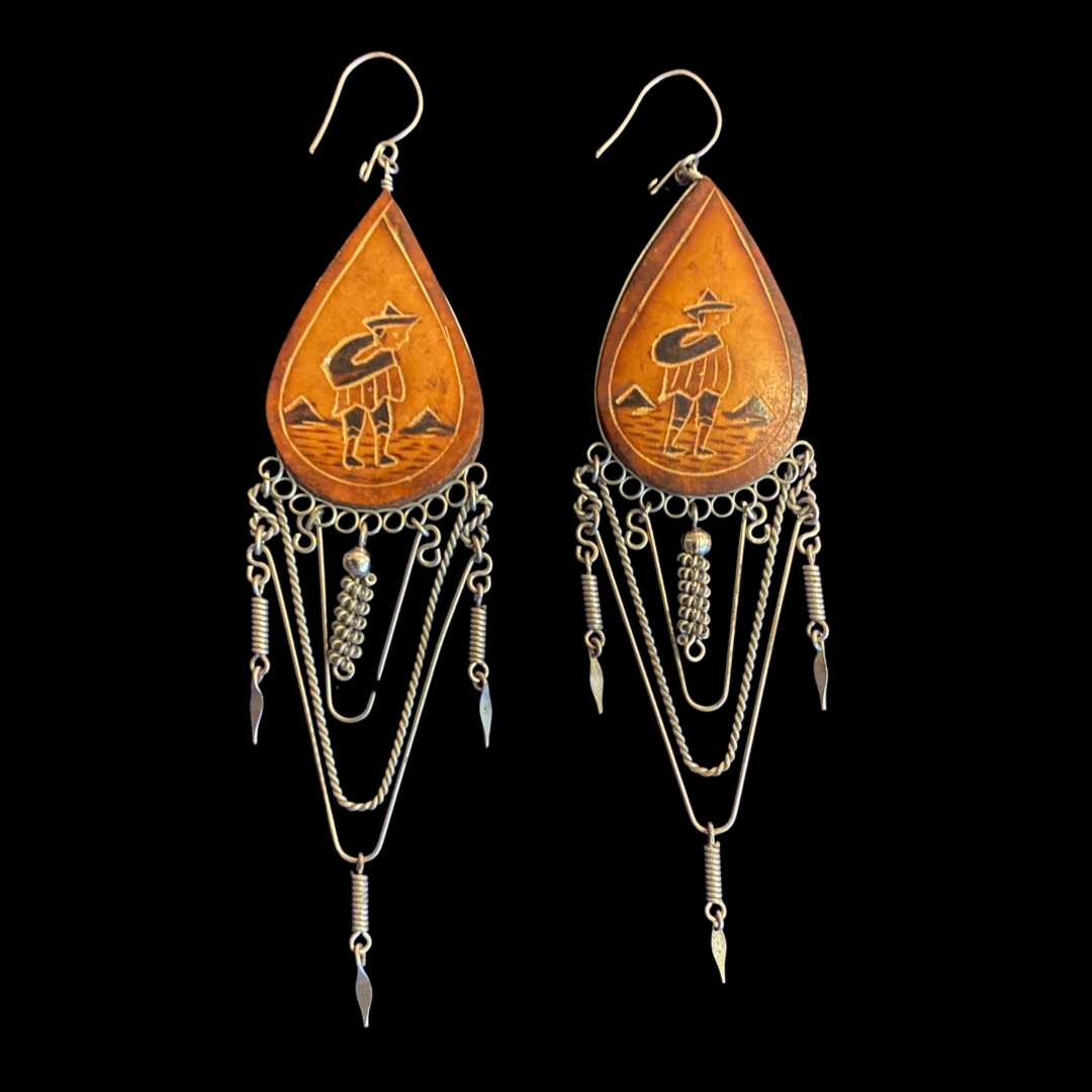 Vintage Wood & Metal Traveler Drop Earrings