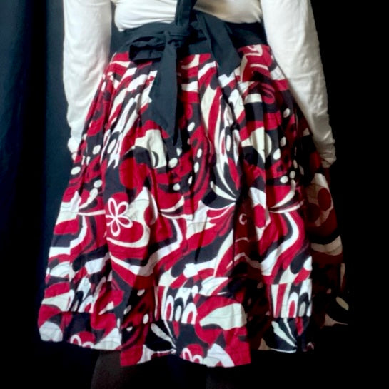🔔 100% Cotton Red/ Black/White Retro Groovy Floral Circle Midi Skirt w/ Sash (L)