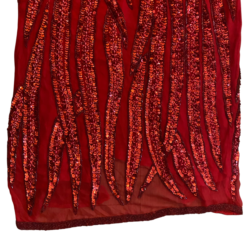 Vintage Handmade 100% Silk Red Bead Sequin Embroidered Halter Top Gown (XXS/XS)