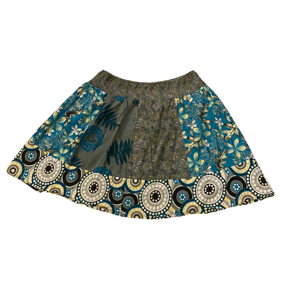 Vintage Blue/Slate Grey/ Yellow Patchwork Cotton Skirt (M-L)