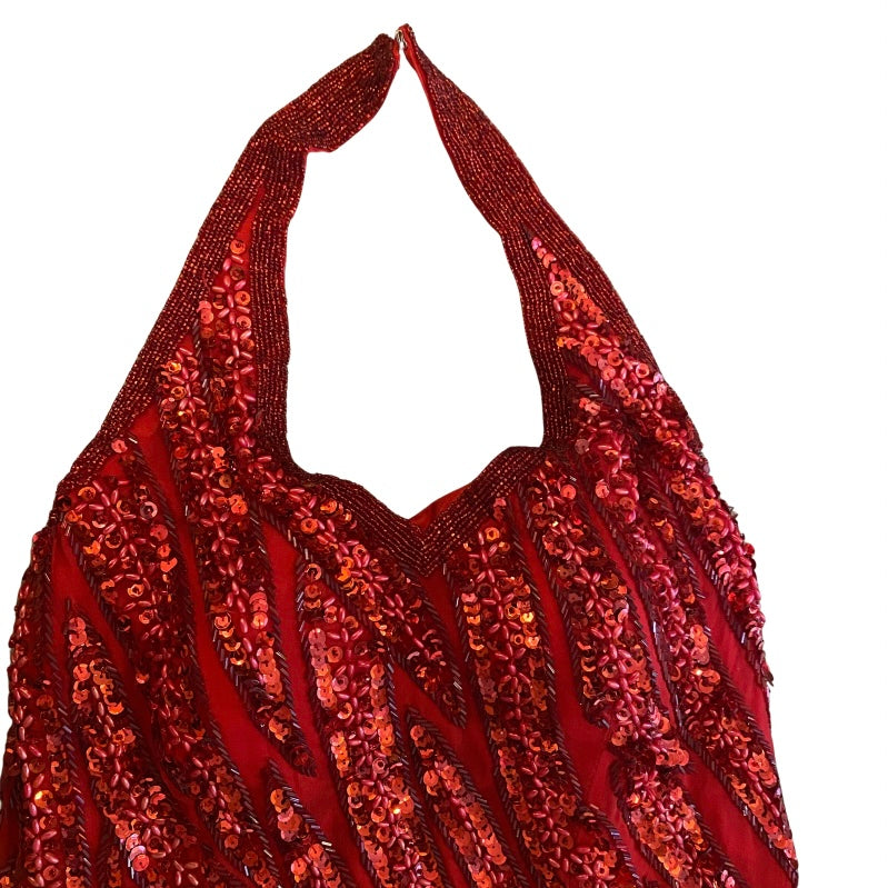 Vintage Handmade 100% Silk Red Bead Sequin Embroidered Halter Top Gown (XXS/XS)