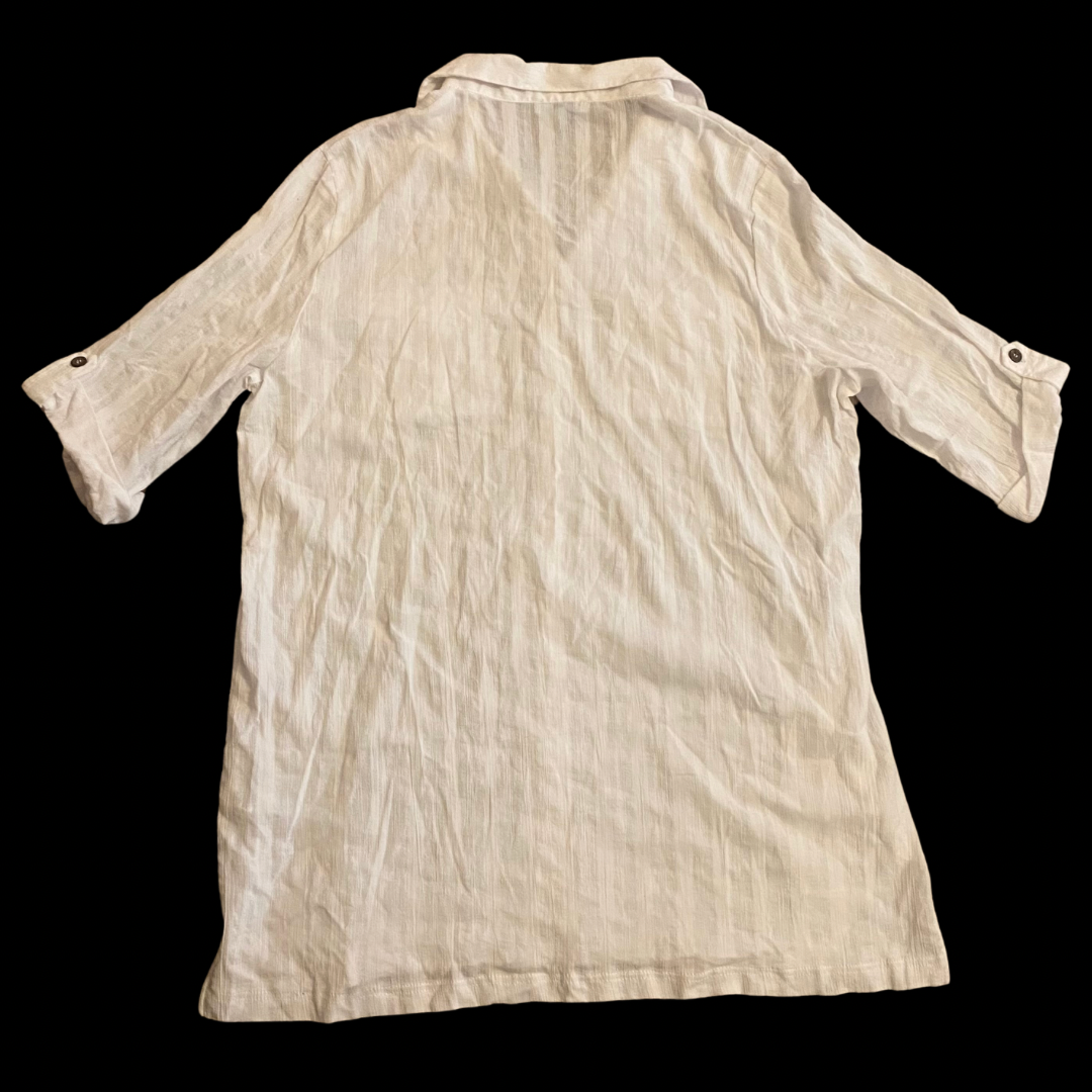 100% Cotton White Woven Striped Button Down 3/4 Length Sleeve Shirt Dress (2X)