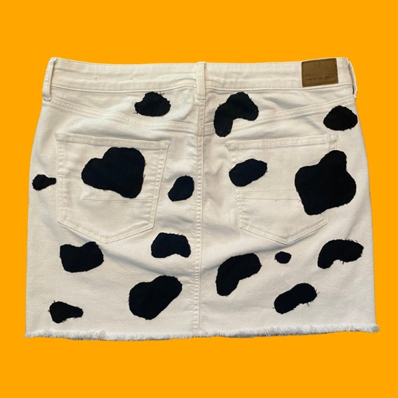 Upcycled White and Navy Blue Cowprint Stretch Denim Mini Skirt (16)