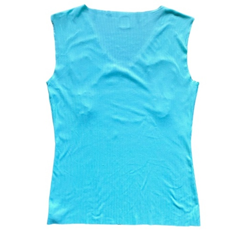 Upcycled Vintage Amaryllis Flower Patch Bright Teal Sleeveless Ribbed V-Neck (M)