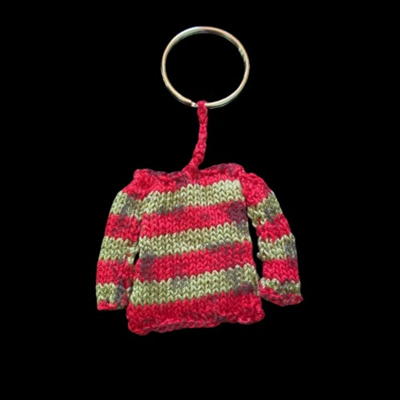 KRUEGER Red & Green Striped Sweater Keychain | Handknit with Cotton Thread