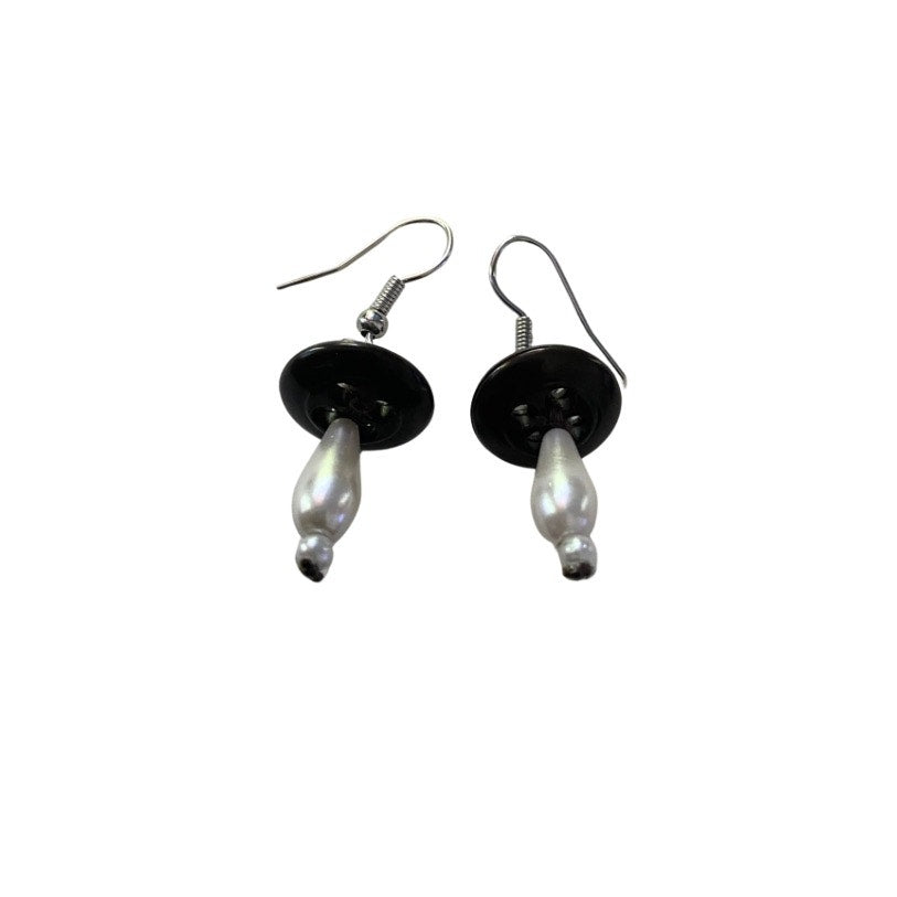 Dark Brown Vintage Pearl Bead & Button Mushroom Earrings (Silver)