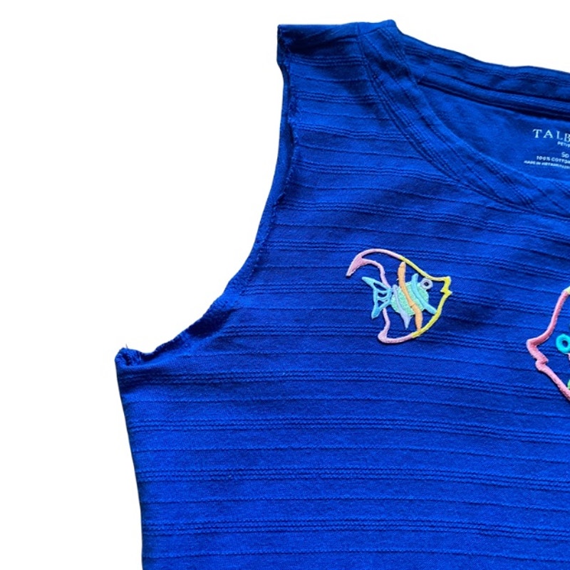 Upcycled Tropical Fish Vintage Patch Embellished Sleeveless Cobalt Blue Tank Top (S)