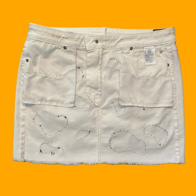 Upcycled White and Navy Blue Cowprint Stretch Denim Mini Skirt (16)