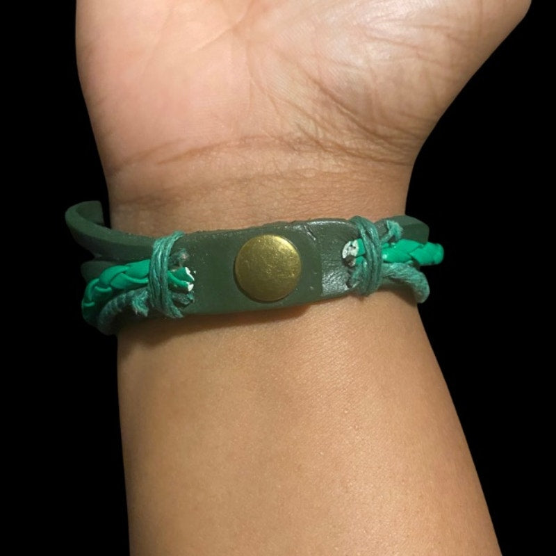 Earthy Green Leather Watch Bracelet with Wood Beads Bronze Feather Charm