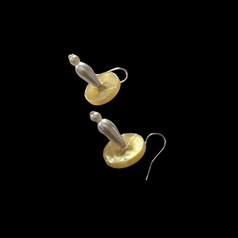 Yellow Vintage Pearl Bead & Button Mushroom Earrings