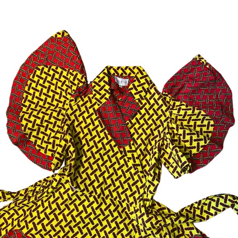 Vibrant Yellow Black & Red Geometric Ankara Print 100% Cotton Layered Wrap Dress (S)