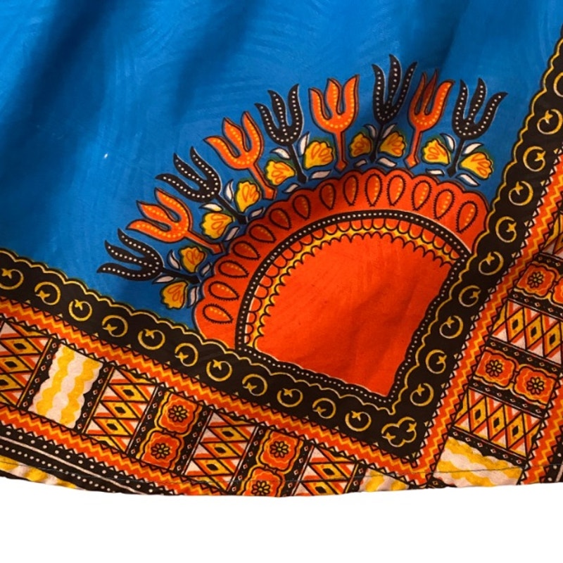 Off Shoulder Breezy Blue/Orange Ankara Dashiki Print Blouse (Fits up to 2X)