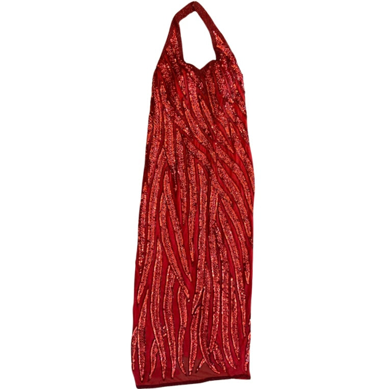 Vintage Handmade 100% Silk Red Bead Sequin Embroidered Halter Top Gown (XXS/XS)