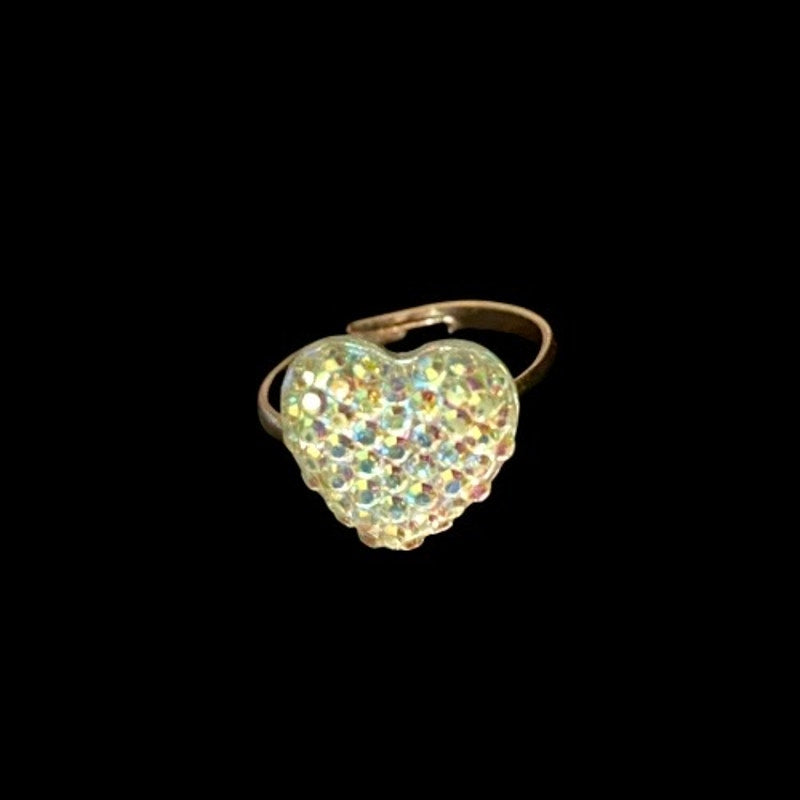 Vintage White/Rainbow Flash Pebbled Resin Heart Silver Toned Ring (5-7)
