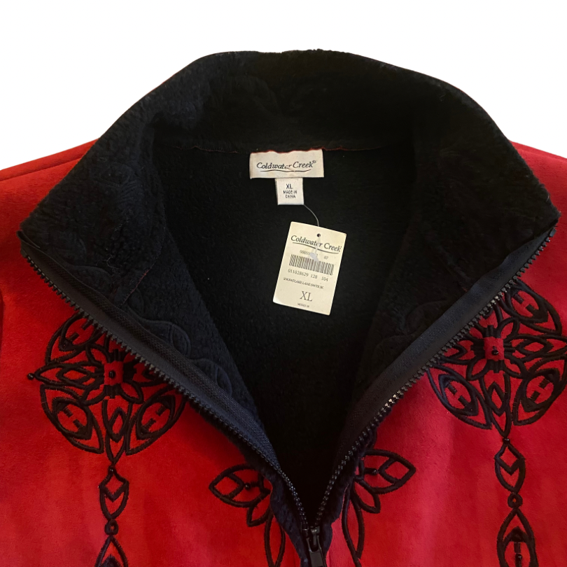 NWT Y2K Coldwater Creek Crimson & Black Embroidered Fleece Jacket (XL)