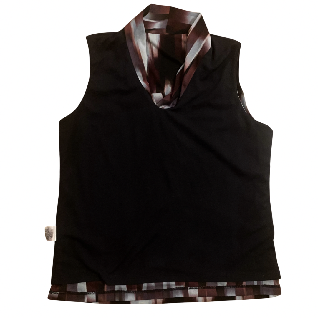 Black, Purple, & Blue Graphic Print Tie-Front Sleeveless Blouse (L)