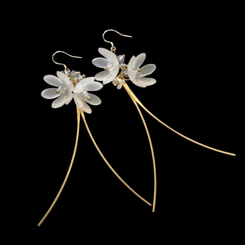 Frosted Acrylic Crystal Bead Flower Blossom Gold Dangle and Drop Earrings