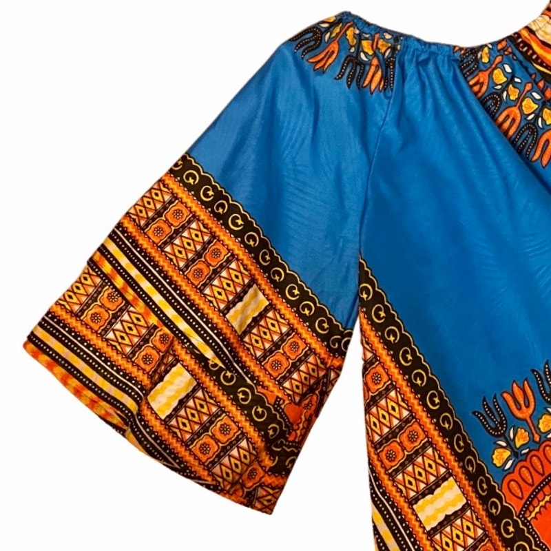 Off Shoulder Breezy Blue/Orange Ankara Dashiki Print Blouse (Fits up to 2X)