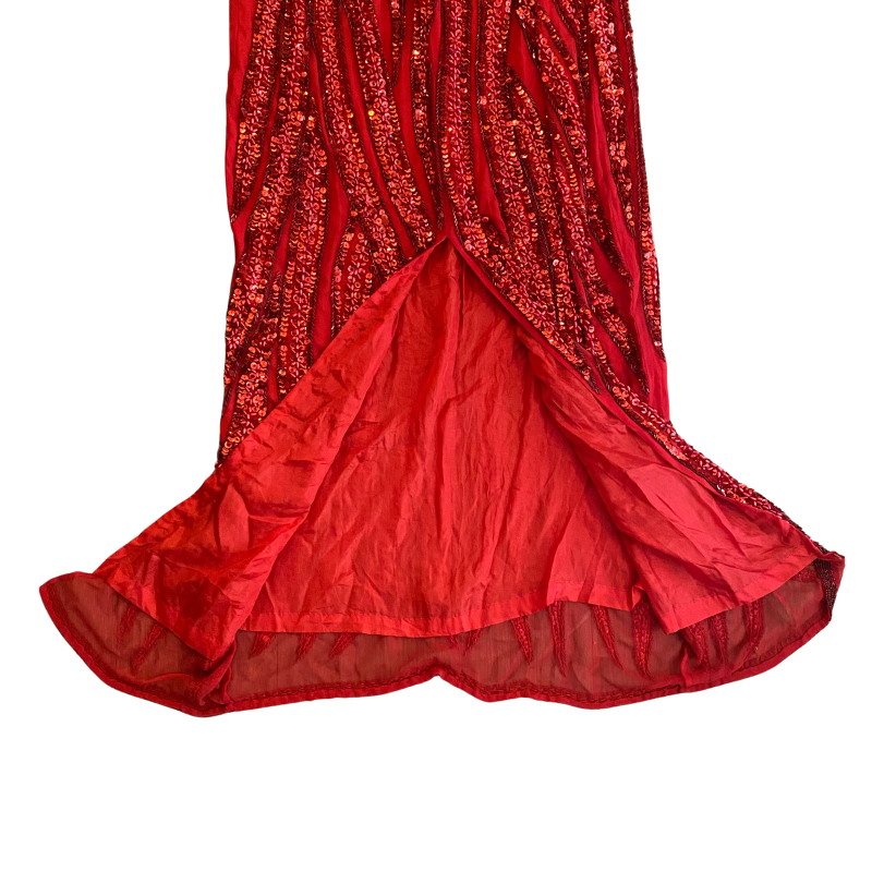 Vintage Handmade 100% Silk Red Bead Sequin Embroidered Halter Top Gown (XXS/XS)